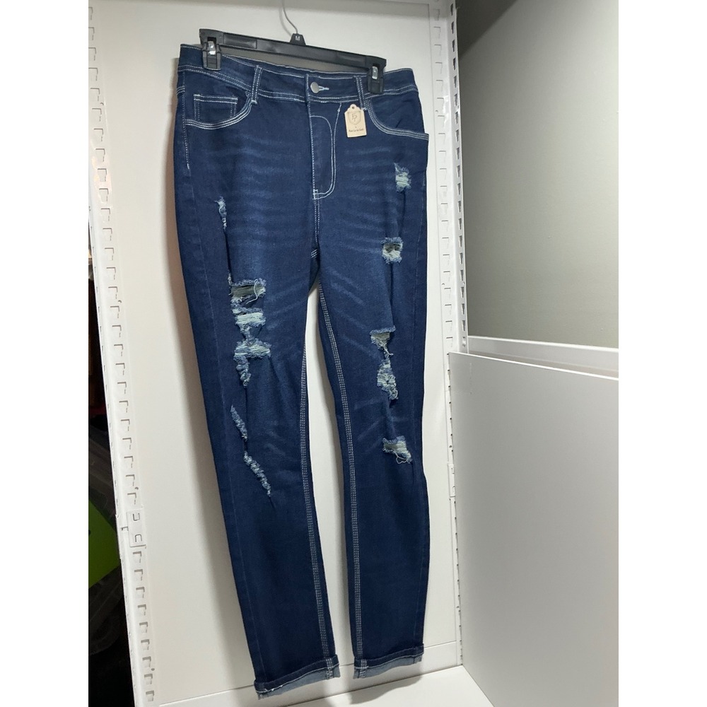 HME Womens Distressed Skinny Jeans Dark Wash Ripped High Rise Blue Size L
